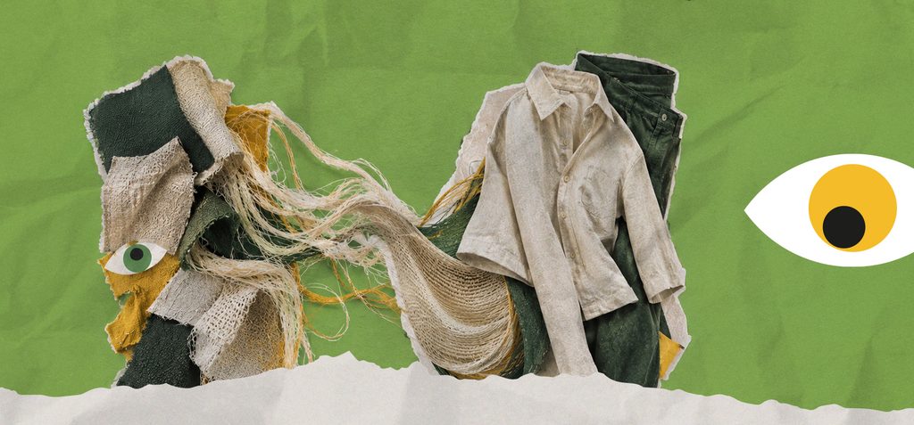 Colagem escultórica 3D surrealista de um ciclo circular fechado formado por fibras têxteis, retalhos de tecido e fios de linho esculpidos em diferentes texturas (kraft, algodão, lã), sem início nem fim visível, simbolizando reaproveitamento contínuo. Olho estilizado da MQSI integrado discretamente à composição. Paleta de cores da marca, fundo sólido ou levemente texturizado. Sem texto na imagem.