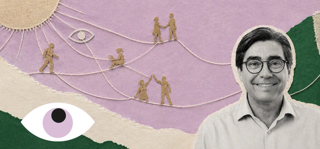 Colagem escultórica 3D surrealista de duas mãos esculpidas em concreto e linho segurando, com cuidado, uma pequena planta em crescimento feita de tecido e fibra natural, representando cultivo do bem-estar ao longo do tempo. Olho estilizado da MQSI integrado discretamente à composição. Paleta de cores da marca, fundo sólido ou levemente texturizado. Sem texto na imagem.