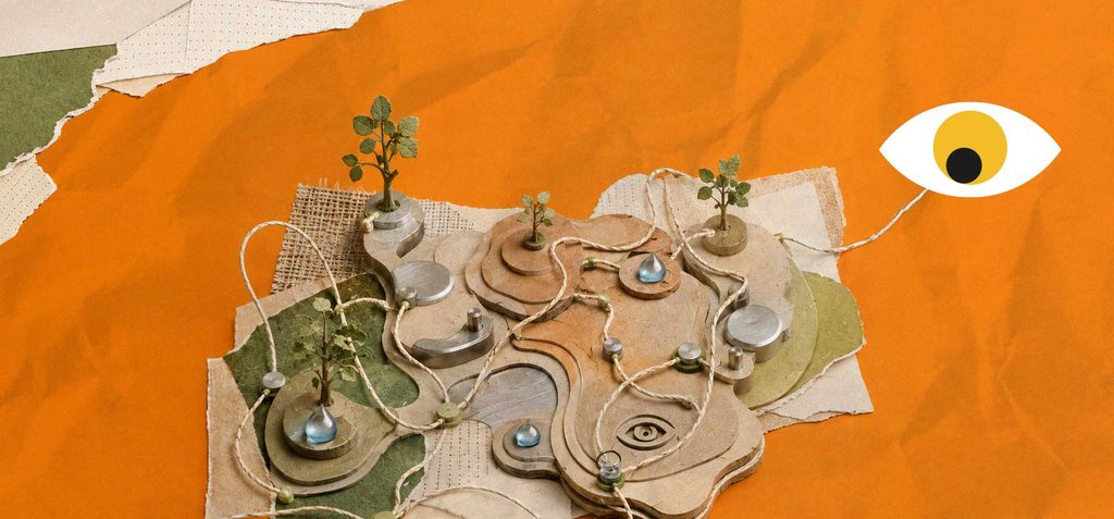 
Colagem escultórica 3D surrealista de uma rede neural estilizada esculpida em fios metálicos entrelaçados, ligando-se a formas orgânicas em argila que lembram folhas e gotas d'água, sugerindo a interseção entre inteligência artificial e natureza. Olho estilizado da MQSI integrado discretamente à composição. Paleta de cores da marca, fundo sólido ou levemente texturizado. Sem texto na imagem.