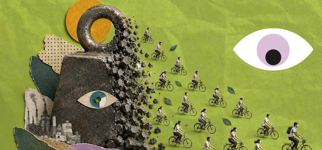 Colagem escultórica 3D surrealista de uma tonelada de metal esculpida se desfazendo em pequenas figuras humanas de tecido e argila pedalando, representando a transição de uma lógica de excesso para uma mobilidade mais leve e eficiente. Olho estilizado da MQSI integrado discretamente à composição. Paleta de cores da marca, fundo sólido ou levemente texturizado, canto superior direito limpo para o logo. Sem texto na imagem.
