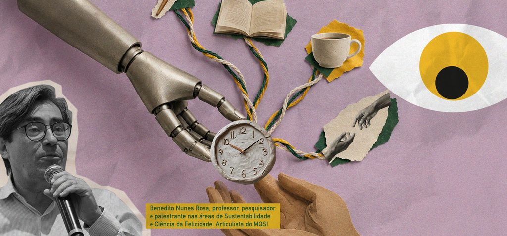 Composição surrealista tridimensional com acabamento tátil. Um braço robótico esculpido em metal fosco entrega delicadamente um pequeno relógio de argila, sem ponteiros, a um par de mãos humanas moldadas em papel kraft. Do relógio brotam fios de tecido trançado que se ramificam em pequenos símbolos de criação: um pincel, um livro aberto, uma xícara e uma mão estendida a outra. Um olho estilizado (identidade visual da Marcas que se Importam) integrado sutilmente à composição, discreto no centro do mostrador do relógio. Fundo texturizado rosa-chiclete com aspecto de papel artesanal, luz quente vinda do alto. Paleta de cores da marca MQSI. Canto superior direito limpo para aplicação do logo. Sem textos, letras ou tipografia na imagem. Formato horizontal 1536px de largura.